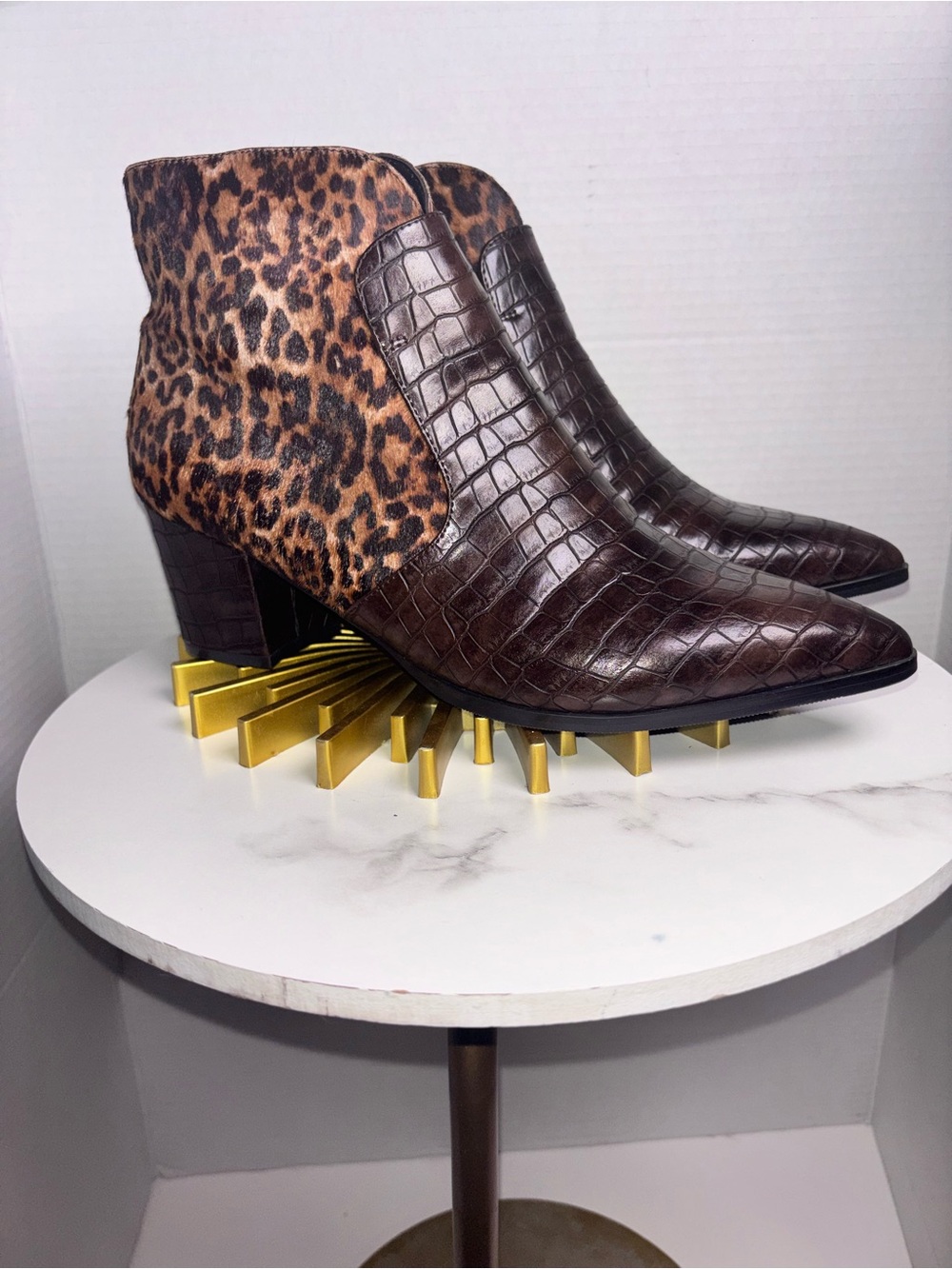 Leopard and Croc-Embossed Brown Ankle Boot